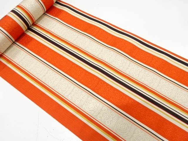 JAPANESE KIMONO / ANTIQUE BOLT FOR HASSUN OBI / SILK / CHIKUZEN HAKATA / WOVEN STRIPE & FLORAL SARASA